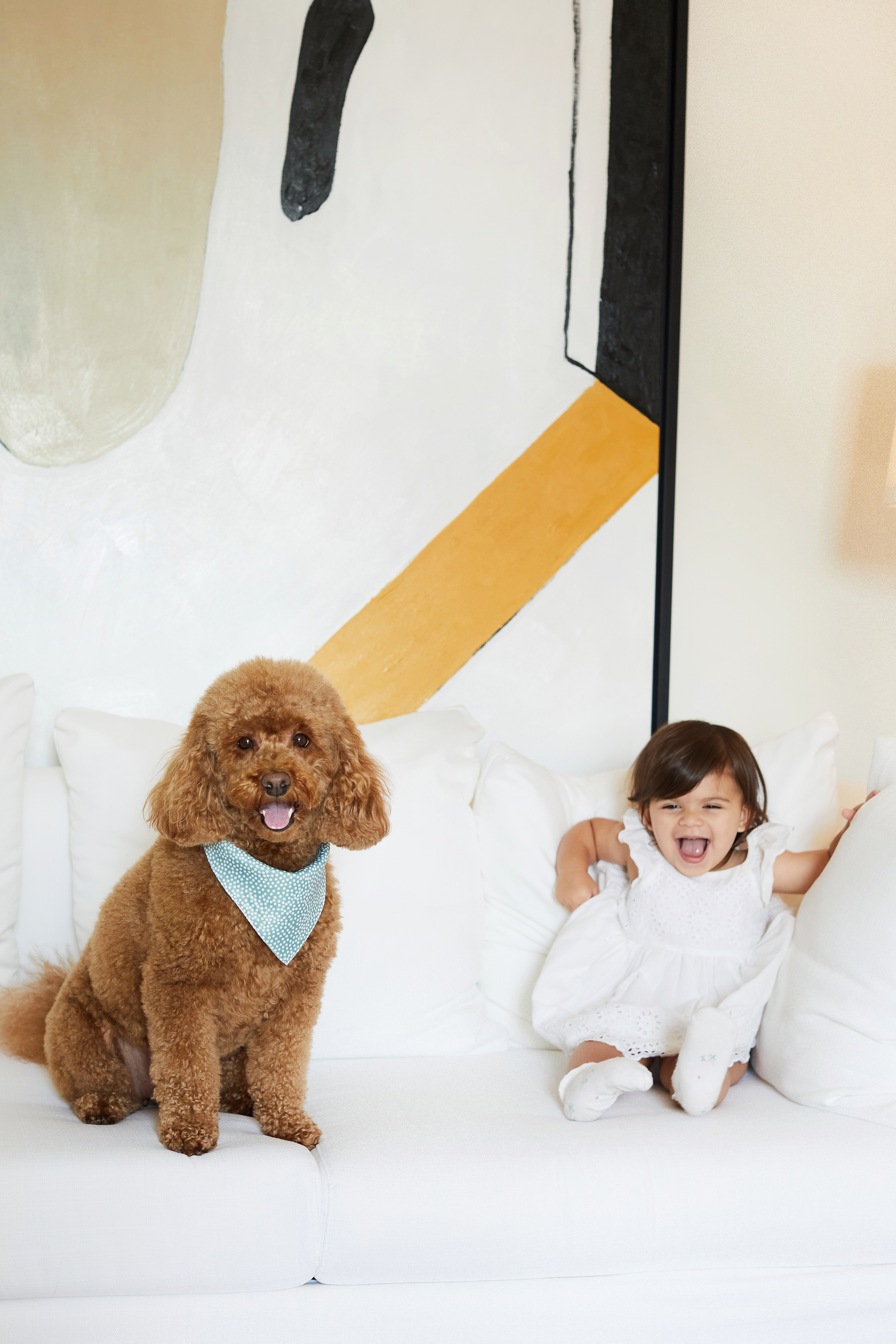 Dog and young child on sofa