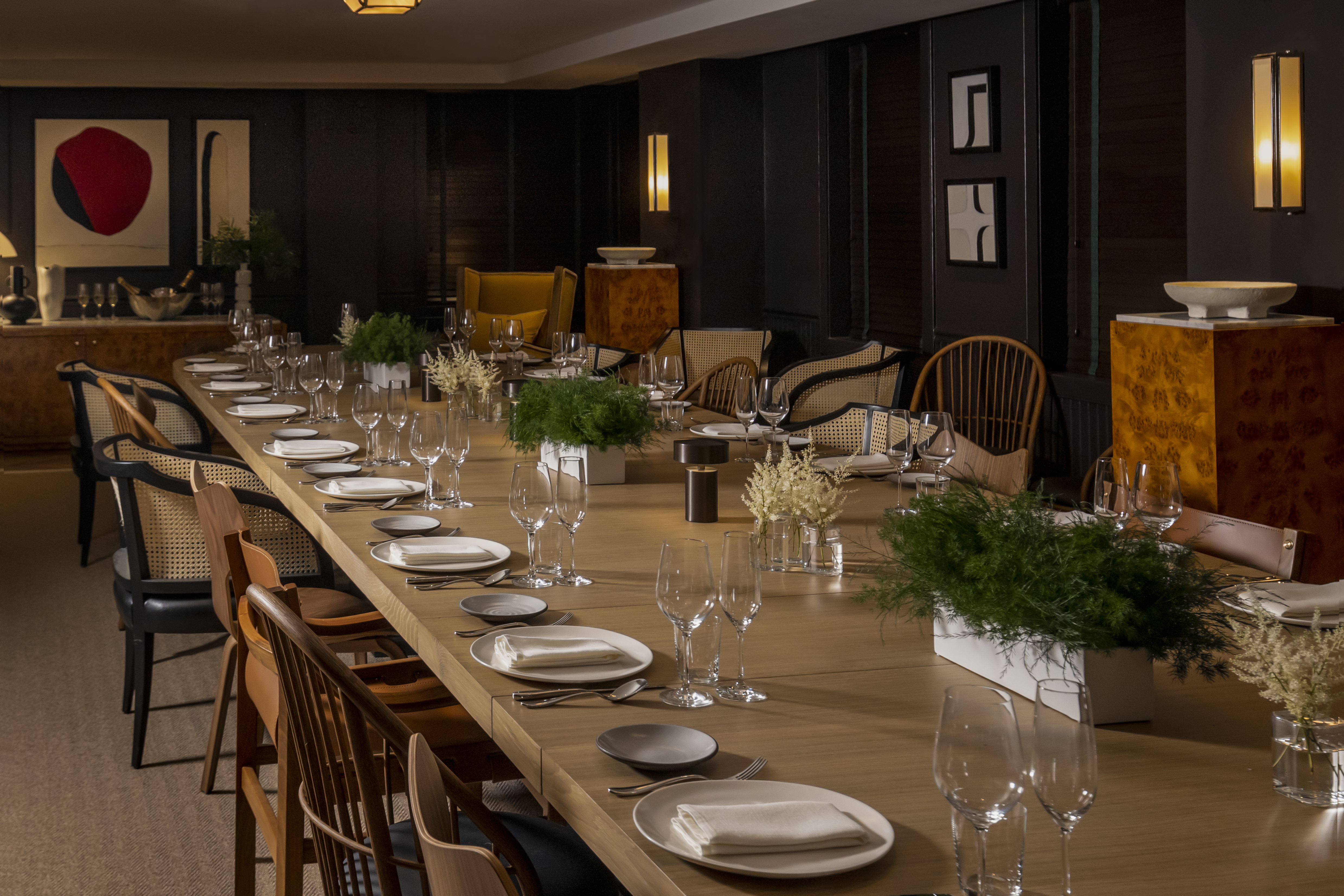 Lyle Parlor Table Setting in a private room with natural furnishing elements.